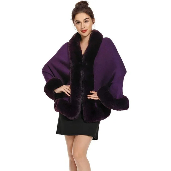 Zlyc Women Winter Faux Fur Shawl Stole Warm Wrap Cape - Purple - Picture 1 of 7